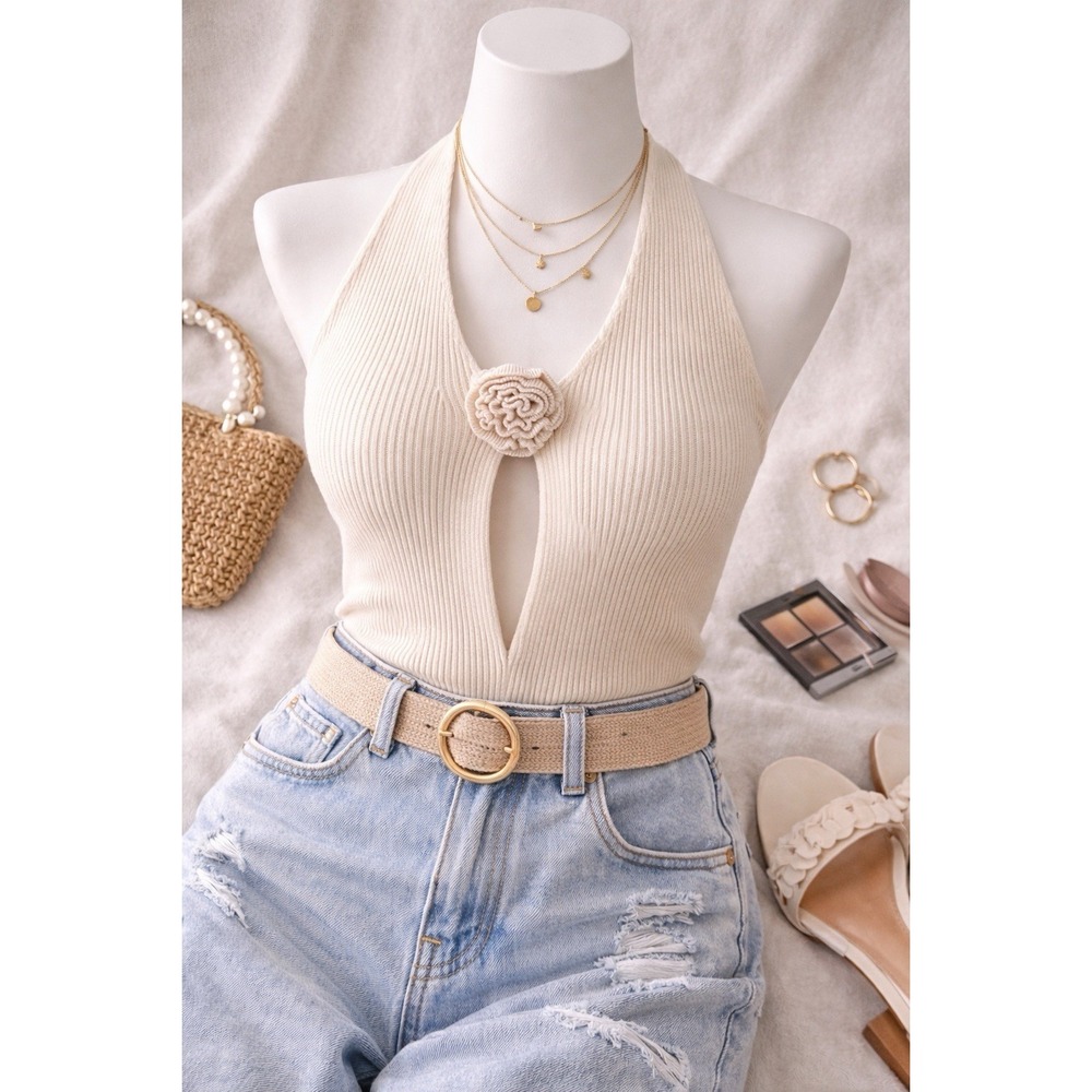 PrettyLittleThing Cream Rib Knit Halter Rosette Top NWT Size M